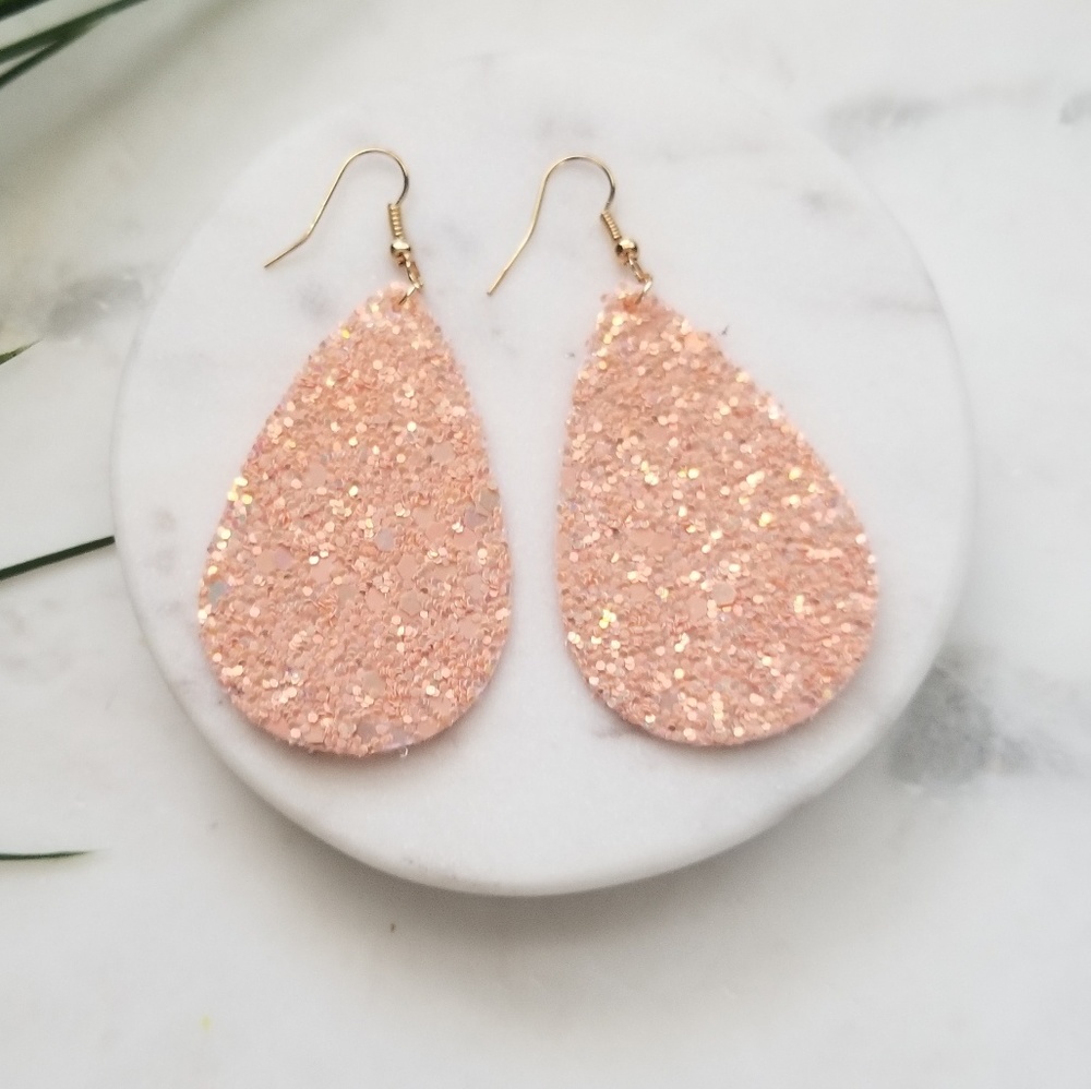 5 for $25 Pink Glitter Leather Leaf Earrings - Picture 3 of 4